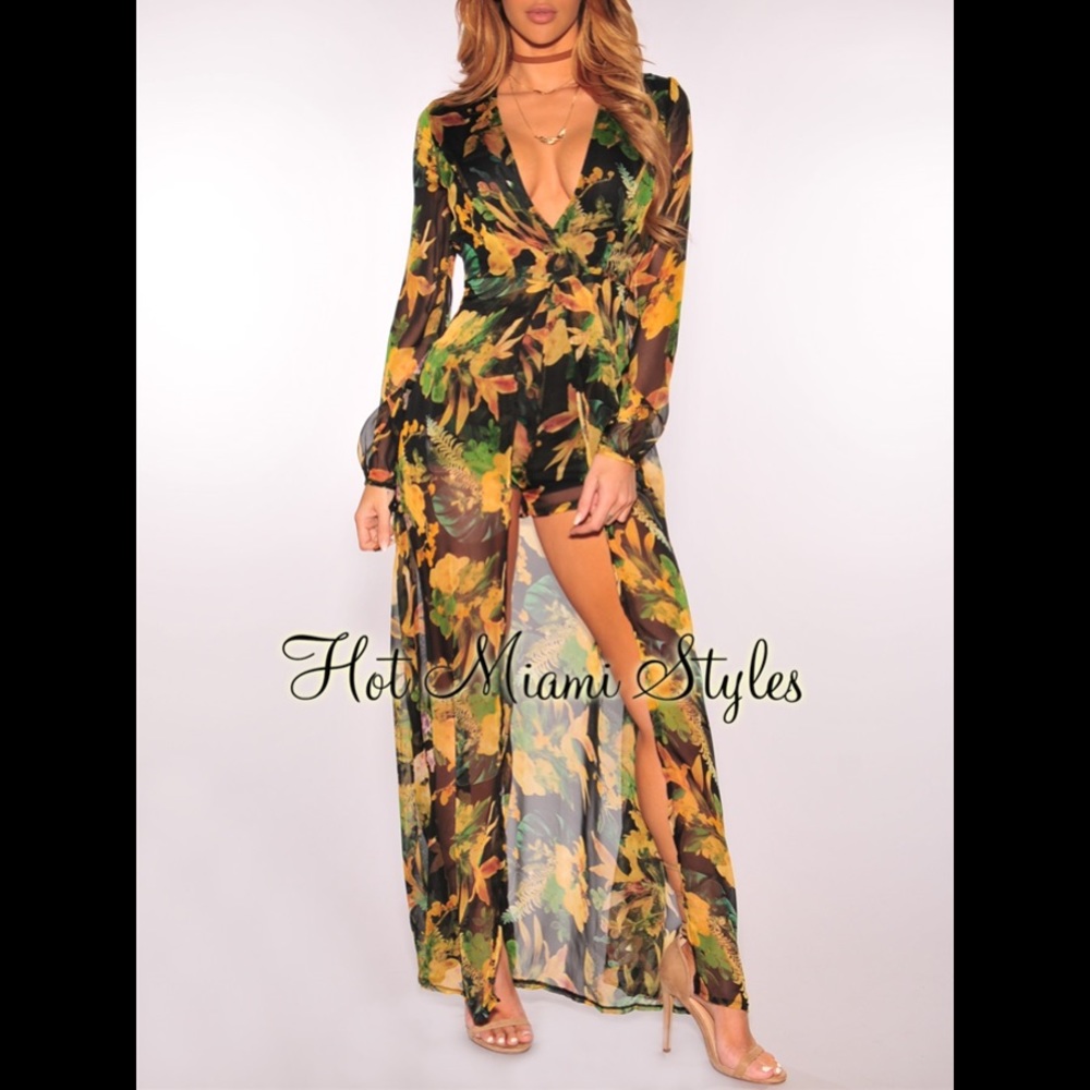 Luxxel Black Floral Print Long Sleeves Maxi Romper
